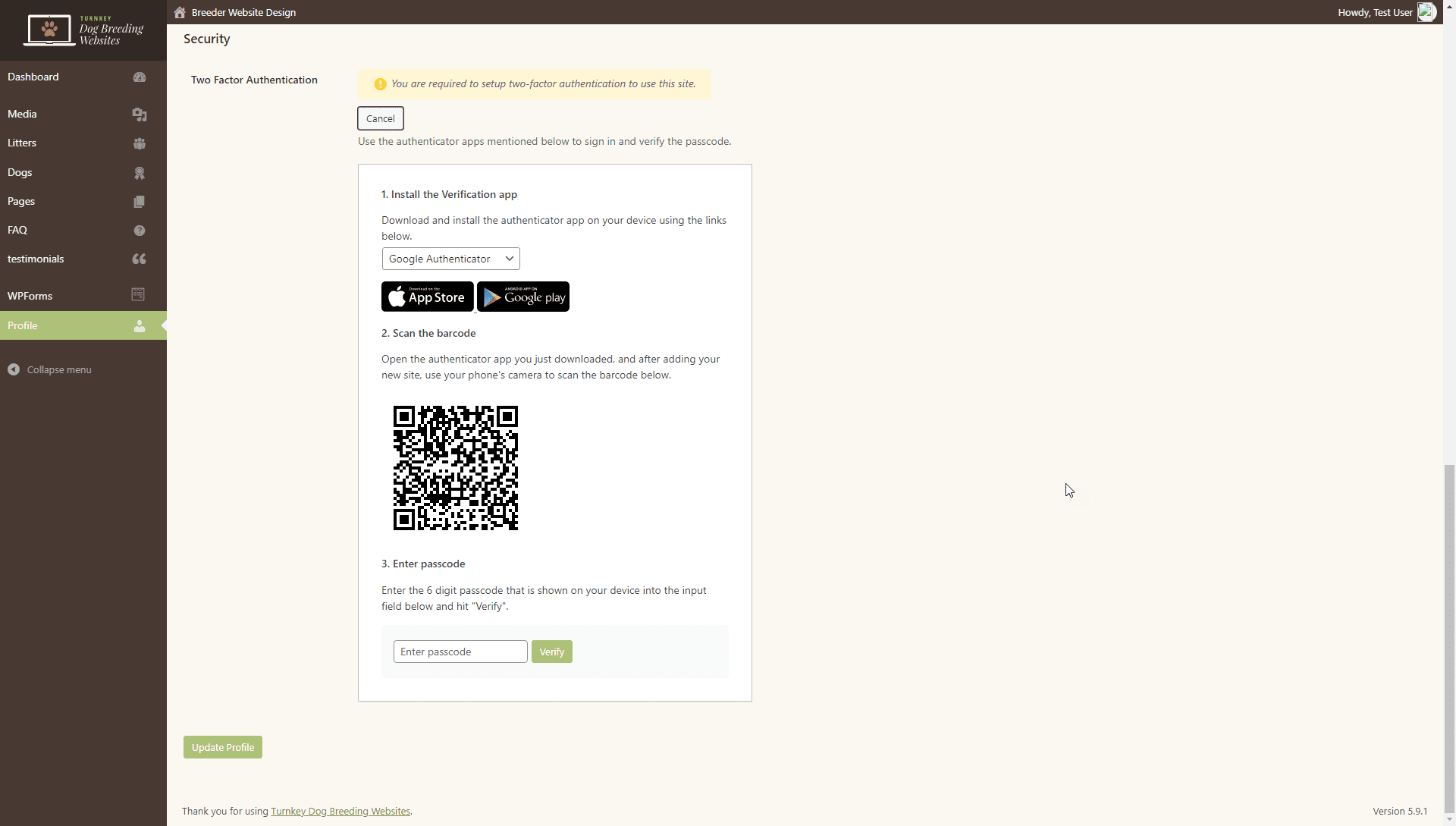 Two Factor Authentication Screenshot