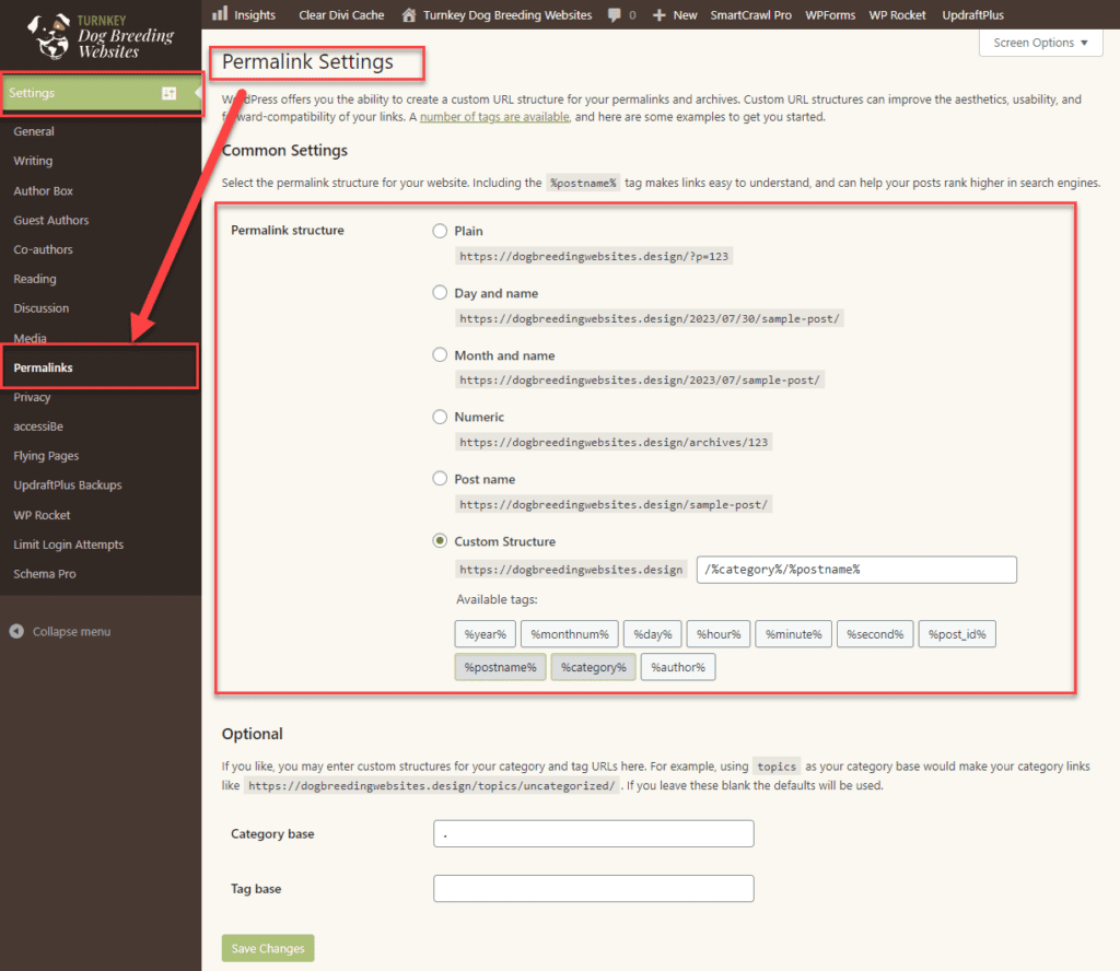 Screenshot of WordPress dashboard Permalink Settings
